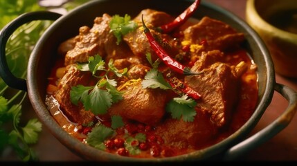 Closeup of traditional lamb Rogan Josh, Indian spicy lamb curry recipe cuisine