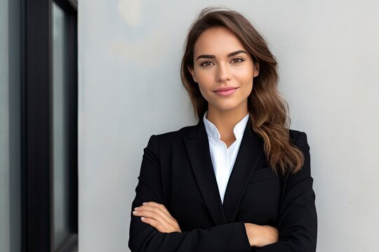 Cheerful business woman wearing black blazer standing isolated on white background