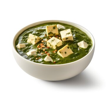 Palak panner isolated on white background, Punjabi spinach cottage cheese dish, Indian punjab authentic curry dish