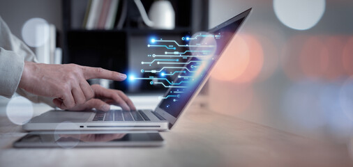 businessman using Ai technology in business by artificial intelligence,  smart robot AI, Futuristic technology transformation, using AI technology for developing running business on cloud computing