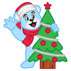 Polar bear in Santa Claus hat and scarf decorating a Christmas tree