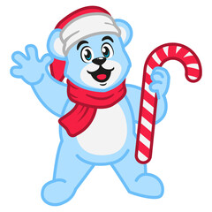 A polar bear wearing a red scarf is holding a candy cane