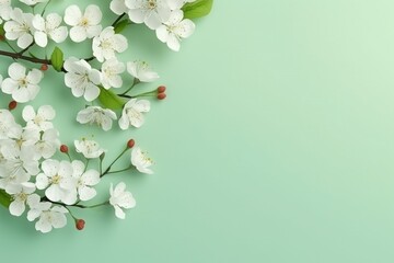White flowers, qypsophila on pastel green background. Top view. Copy space