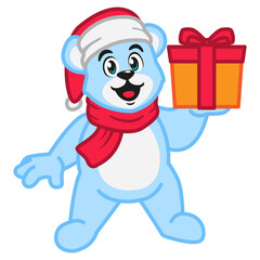 A cute polar bear wearing a santa hat and scarf holding a gift box