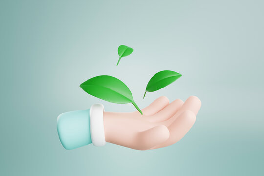 3D rendering. Green leaves floating on hands. environmental conservation concept