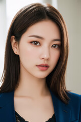 Obraz premium Portrait of beautiful young Japanese women with textured lob in balayage with warm caramel tones is styled with a silk camisole with lace detailing and a sharp blazer.