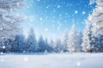 Beautiful winter background of snow and blurred forest in background, Gently falling snow flakes against blue sky