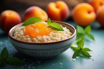 Delicious oatmeal porridge with apricots and mint. Healthy breakfast food. - obrazy, fototapety, plakaty