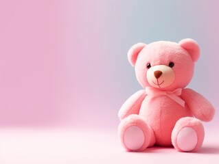 Cute Teddy bear on pastel pink background with copy space, soft focus, Valentine's day concept.
