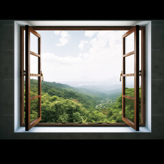a window with a view of a valley and trees
