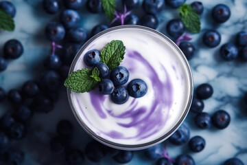 Bowl with healthy natural yogurt, fresh blueberries and mint close up