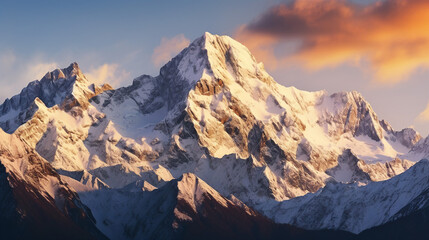 Majestic mountain peaks bathed in the warm glow of a sunset sky.