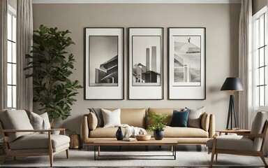 Stylish living room interior design with mock up poster frames, wooden ball, coffe table, beige carpet and creative home
