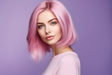 Generative ai picture of beautiful fashion model woman demonstrating perfect haircut pink stylish hair after salon