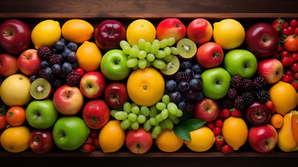 Gordijnen fruit on a wooden table top view, healthy eating concept © ProstoSvet