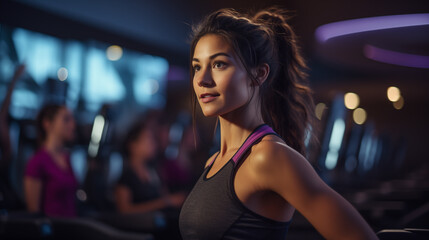 Fototapeta na wymiar Portrait of a beautiful young women in the gym.in the background people are doing sports, healthy lifestyle concept, fitness
