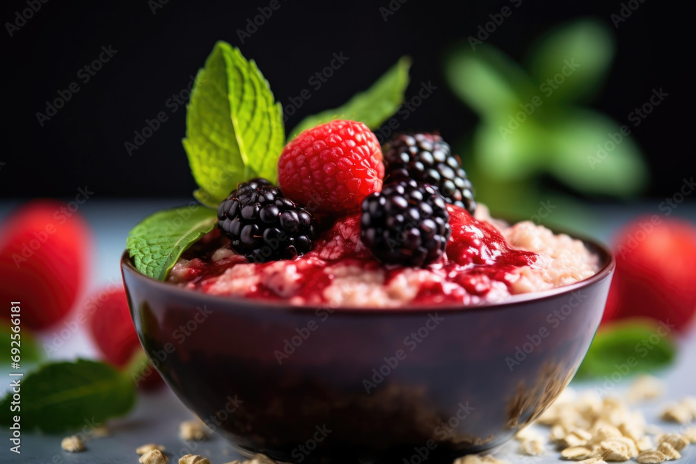 Wall mural Delicious oatmeal porridge with fresh berry fruit and mint. Healthy breakfast food.