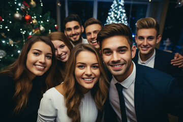 Obraz premium Generative AI new year conceptual portrait of successful business people colleagues having theme corporate party