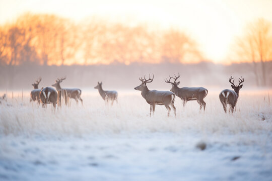 a group of deer in a snowy field