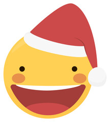 Happy emoji with christmas hat, yellow emoji face with a big smile, Santa Claus Emoticon smiling. Clipart for chat, web, social media, holiday,  good wishes, greetings,  designs. Merry Christmas icon
