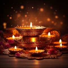 Happy diwali design with diya oil lamp elements on purple rangoli background, bokeh sparkling effect