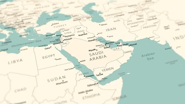 Saudi Arabia on the world map. Smooth map rotation. 4K animation.