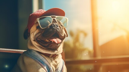 A happy pug wearing a bandana, sitting in a sunbeam