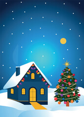 Winter evening New Year's landscape. House, Christmas tree with balls, lights, snow. Vector illustration