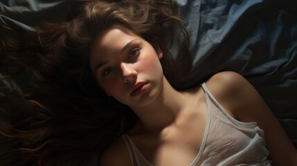 Naklejka premium top view beautiful young woman with natural make up lay insomniac on the bed,look up to the ceil