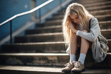 Blond-haired schoolgirl sitting on empty stairs cries remembering bullying moments. Girl with long braids afraid to attend school and see bullies - obrazy, fototapety, plakaty