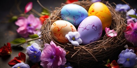 Fototapeta na wymiar Colorful Happy Easter eggs in a nest with flowers. Beautiful Happy Easter background