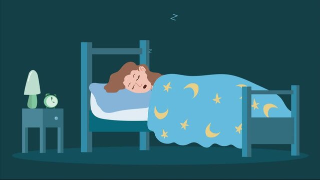 Child Is sleeping on the bed under the moon and star shaped sheet in the dark room at night. Bedroom and sleep concept. vector illustration backgrounds. - 2d animation, 4K Resolution. 