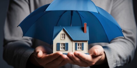 A man, portraying an insurance agent, is holding a blue umbrella over a modern white house model, symbolizing protection and coverage.
