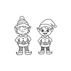 cute cartoon 2 elfs isolated on white background. Cute coloring page for kids.
