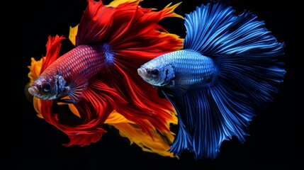 Fototapeta premium A pair of betta fish displaying vibrant colors in separate tank