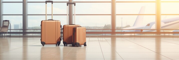 Three brown suitcases placed in an unoccupied airport hall, signifying traveler cases in the...