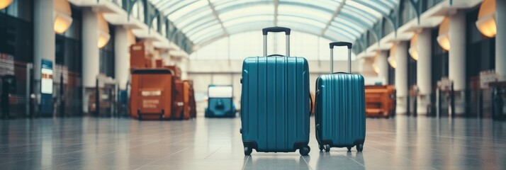 Three blue suitcases placed in an unoccupied airport hall, signifying traveler cases in the departure terminal, evoking the concept of vacation.