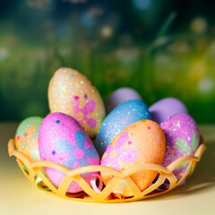 Happy Easter. Congratulatory easter background. Easter eggs with copy space. Selective focus.