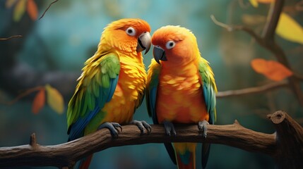 A pair of brightly colored lovebirds grooming each other