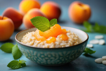 Delicious oatmeal porridge with apricots and mint. Healthy breakfast food. - obrazy, fototapety, plakaty