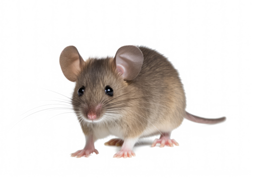 Close up of plain house mouse aka Mus Musculus, standing facing front isolated on white or transparent background.