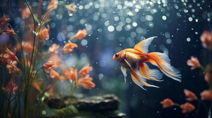 Obraz na płótnie Canvas A pair of goldfish swimming among aquatic decorations