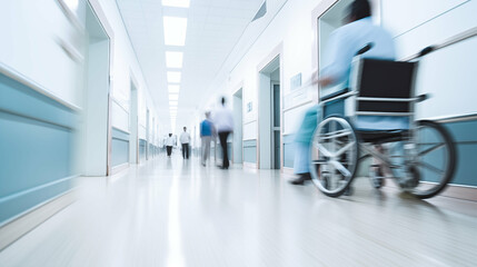 Long exposure blurred motion of medical doctors, nurses and patients in wheelchair in a emergency hospital ward wearing blue aprons, walking down a corridor. Generative AI.
