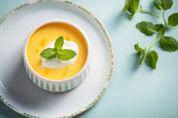 Bowl with healthy natural yogurt, fresh mango and mint close up