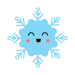 Vector illustration of cute cartoon kawaii snowflake isolated on white background.