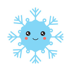 Vector illustration of cute cartoon kawaii snowflake isolated on white background.