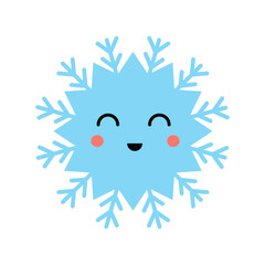 Vector illustration of cute cartoon kawaii snowflake isolated on white background.