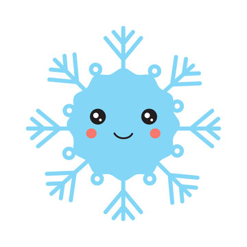 Vector illustration of cute cartoon kawaii snowflake isolated on white background.