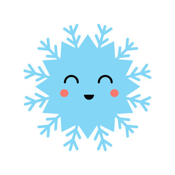 Vector illustration of cute cartoon kawaii snowflake isolated on white background.