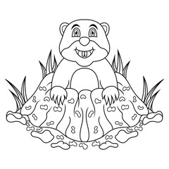 Cartoon groundhog looking out of hole line art
